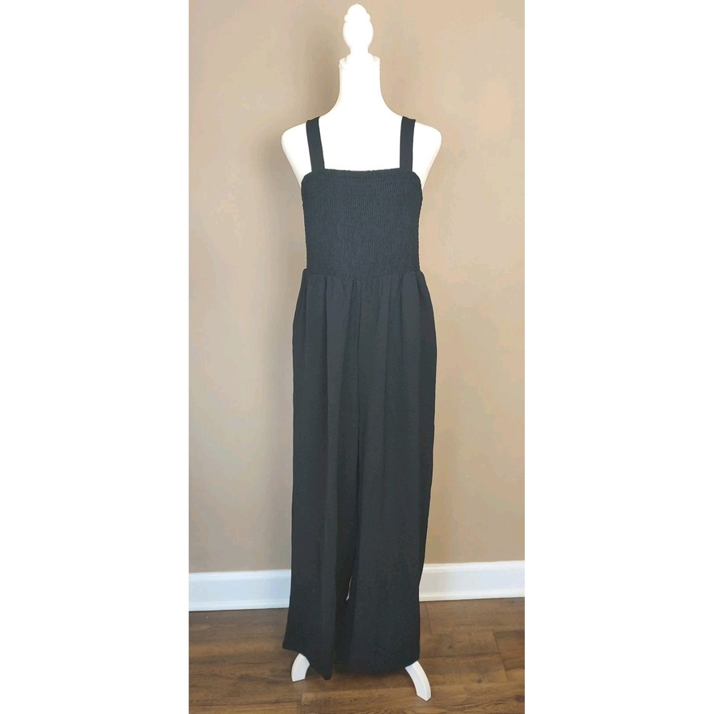Womens‎ Black Smocked Wide Leg Jumpsuit Sleeveless Square Neck Pockets Size S